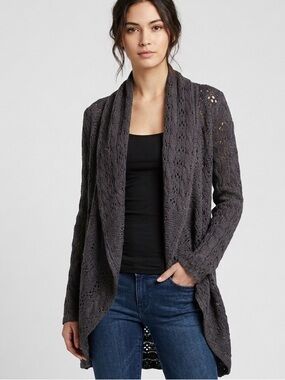 NY&CO XS Charcoal Gray Pointelle Pointelle Shawl Collar Open-Front Knit Cardigan